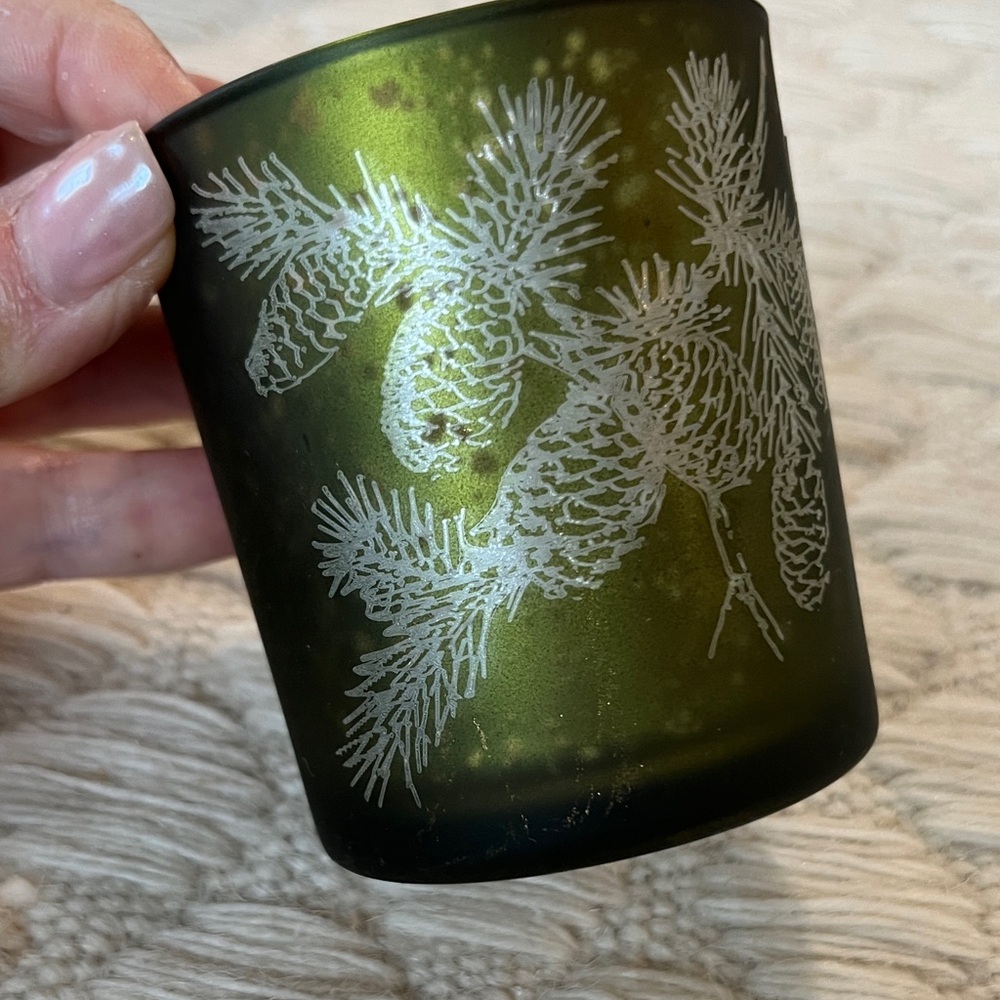 NWT Pinecone Green Glass Candle Holder